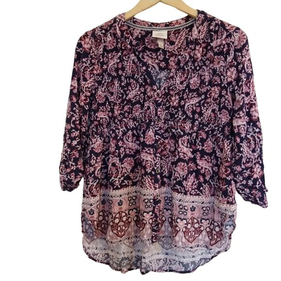 Knox Rose Thistle Floral Print Tunic Hi-Low Smocking Size S Boho - Picture 1 of 7
